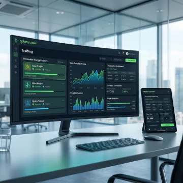 Energy trading platform dashboard showing renewable energy buying and selling options
