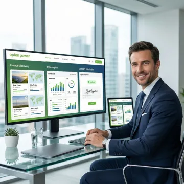 Step-by-step renewable energy deal process on a digital platform with analytics and project cards