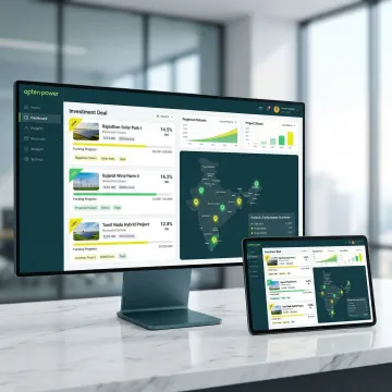 Renewable energy investment platform dashboard showing solar and wind project listings across India
