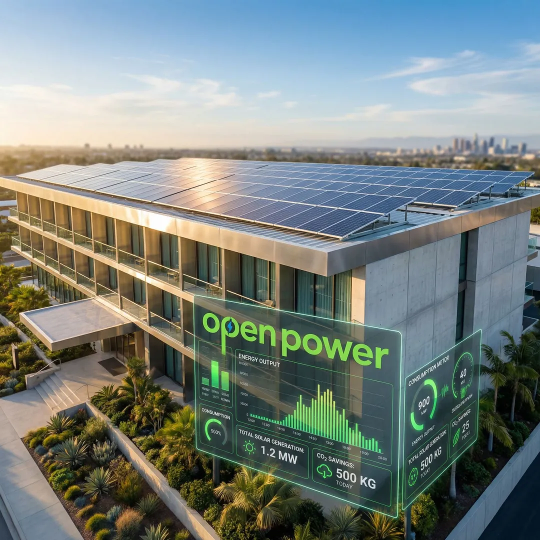 Hotel rooftop solar panels representing clean energy procurement for hospitality businesses