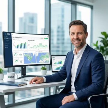 Business professional reviewing wind energy project data on a digital dashboard