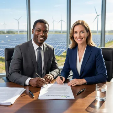 Corporate renewable energy PPA signing with solar farm in the background