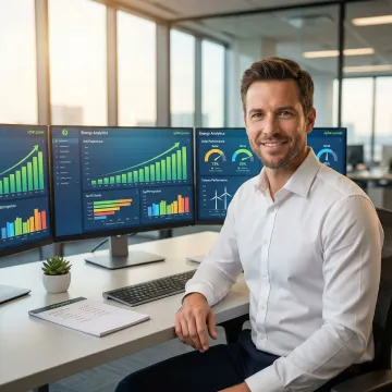 Energy analyst reviewing real-time renewable energy data dashboards on multiple screens