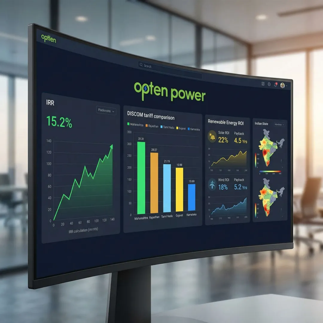 Real-time energy analytics dashboard displaying tariff intelligence, tariff, and procurement efficiency comparisons for renewable projects