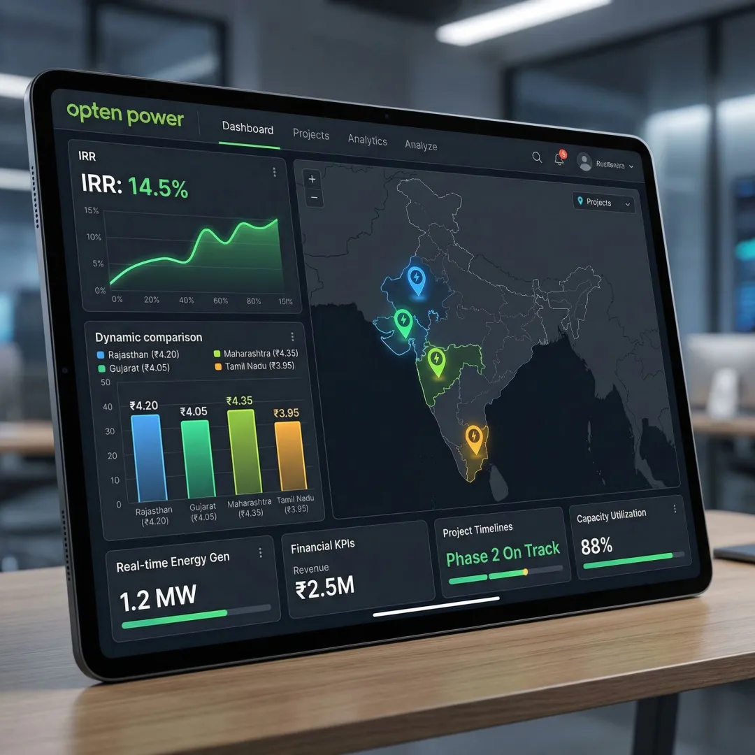 Solar PV project dashboard showing real-time tariff intelligence and tariff analytics for Indian renewable projects