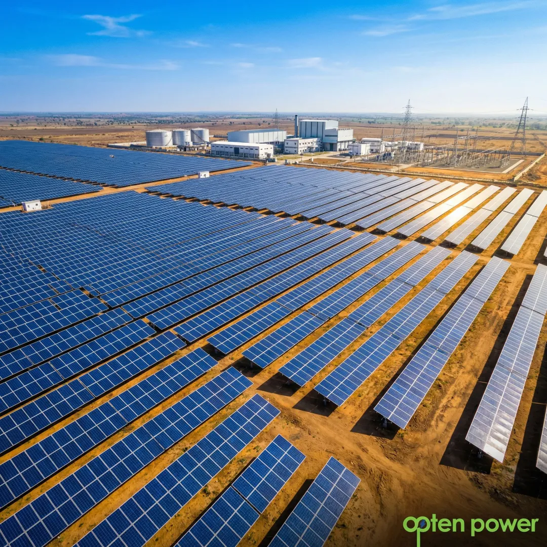 Large-scale solar PV project with rows of photovoltaic panels in an Indian industrial setting