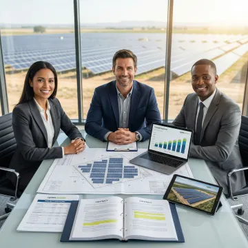 Solar developer reviewing Pre-NTP project financing documents with financial advisors