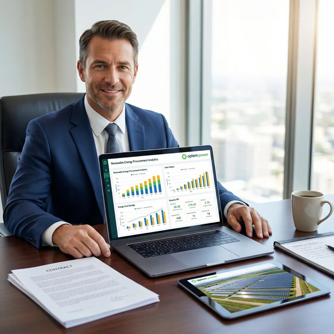 Business professional reviewing renewable energy PPA contract and analytics dashboard