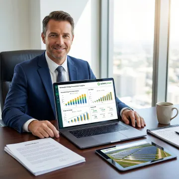 Business professional reviewing renewable energy PPA contract and analytics dashboard