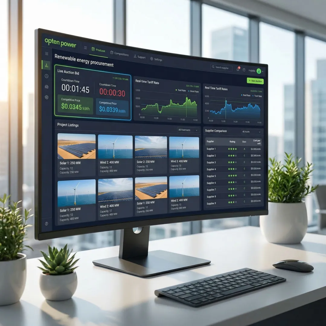 Electricity procurement auction platform dashboard showing renewable energy supplier bids and tariff comparisons