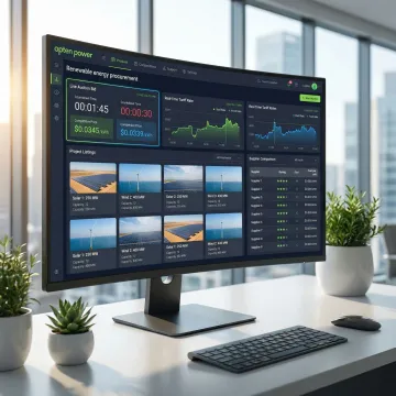 Electricity procurement auction platform dashboard showing renewable energy supplier bids and tariff comparisons