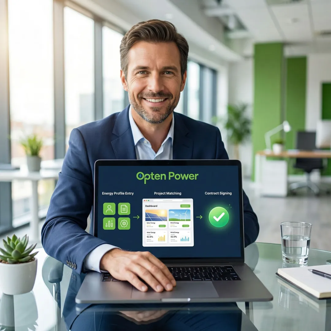 Step-by-step renewable energy procurement process with project matching, RFP automation, and contract finalization on a digital platform