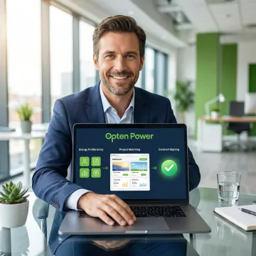 Step-by-step renewable energy procurement process with project matching, RFP automation, and contract finalization on a digital platform