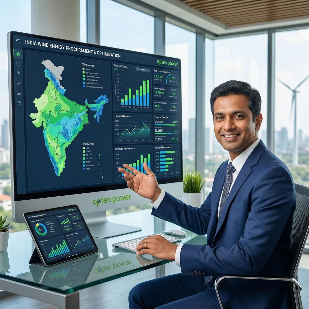 Energy professional reviewing wind project data on a digital dashboard in India
