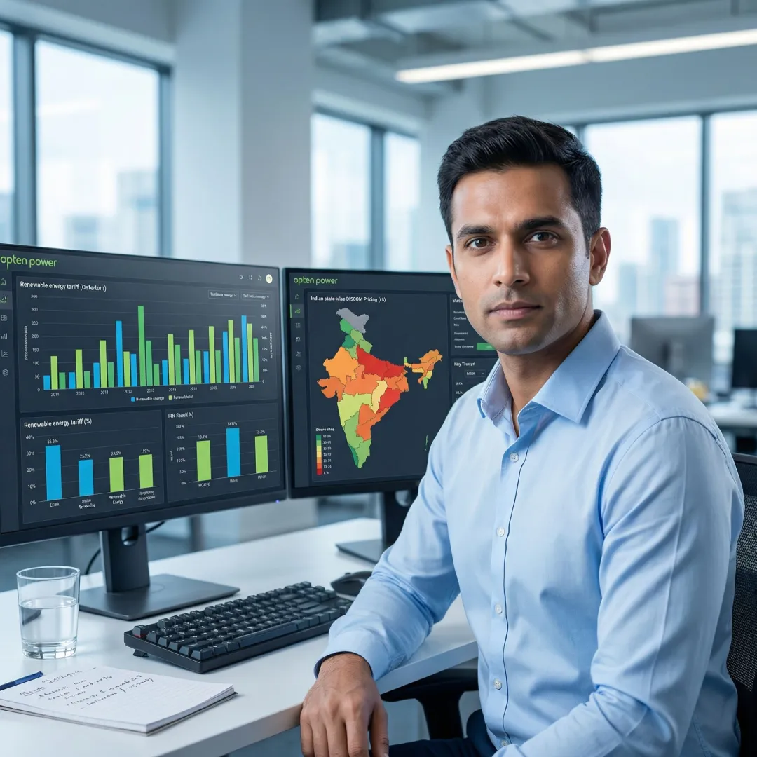 Energy sector market intelligence analyst reviewing renewable energy data dashboards