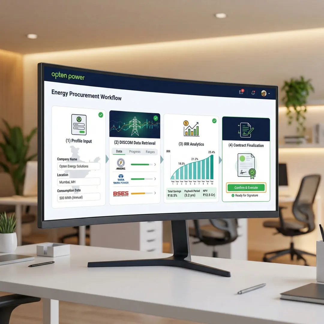 Step-by-step renewable energy procurement process illustration on a digital platform
