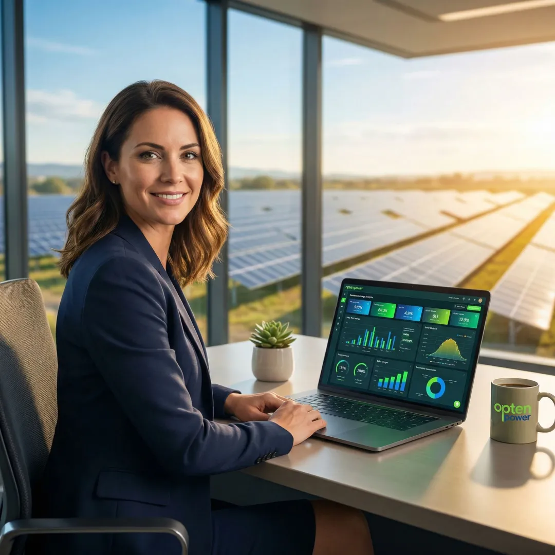 Business professional reviewing solar energy procurement analytics on a digital dashboard