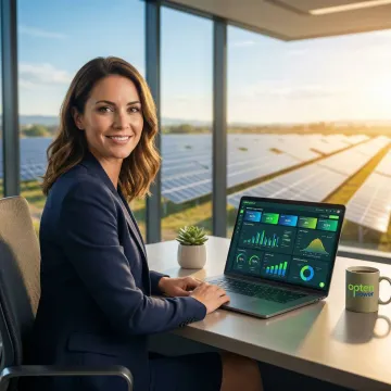 Business professional reviewing solar energy procurement analytics on a digital dashboard