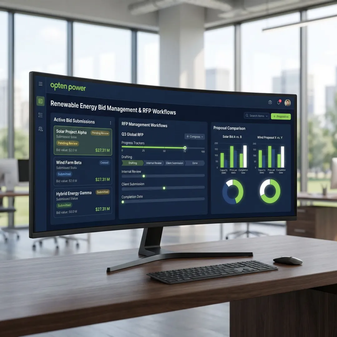 Energy tender portal dashboard showing renewable energy bids and proposals