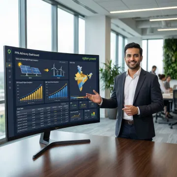 Energy consultant advising a client on renewable PPA strategy with solar project data on screen