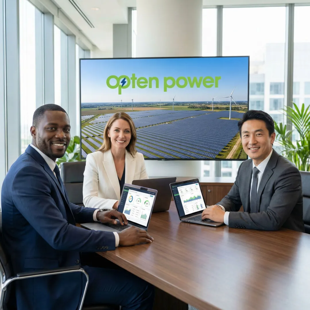 Business professionals reviewing renewable energy procurement proposals on a digital platform dashboard