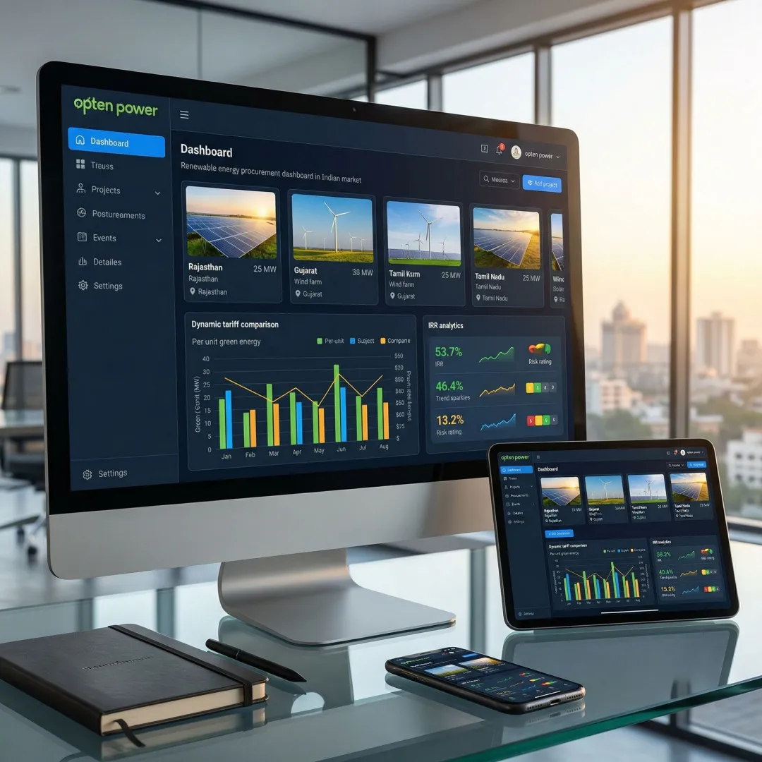 Commercial energy procurement dashboard showing renewable energy project comparisons and procurement efficiency analytics