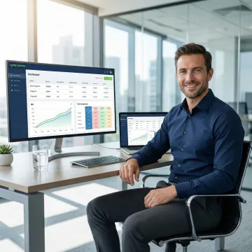 Business analyst reviewing clean energy procurement analytics on a software platform