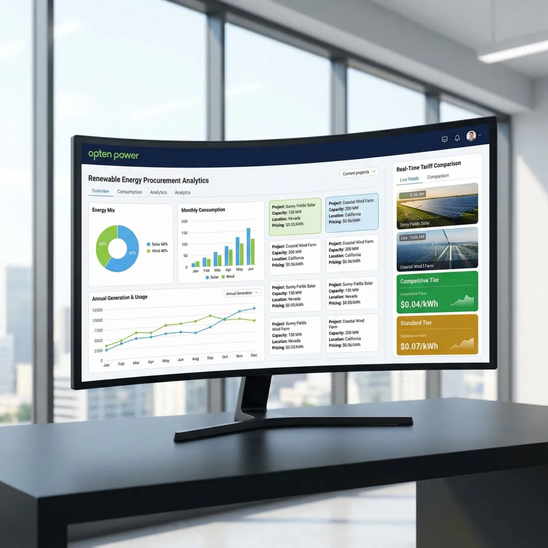 Clean energy procurement software dashboard showing renewable energy project comparisons