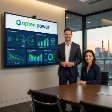 Energy consultant explaining group captive PPA process steps to industrial client using digital dashboard