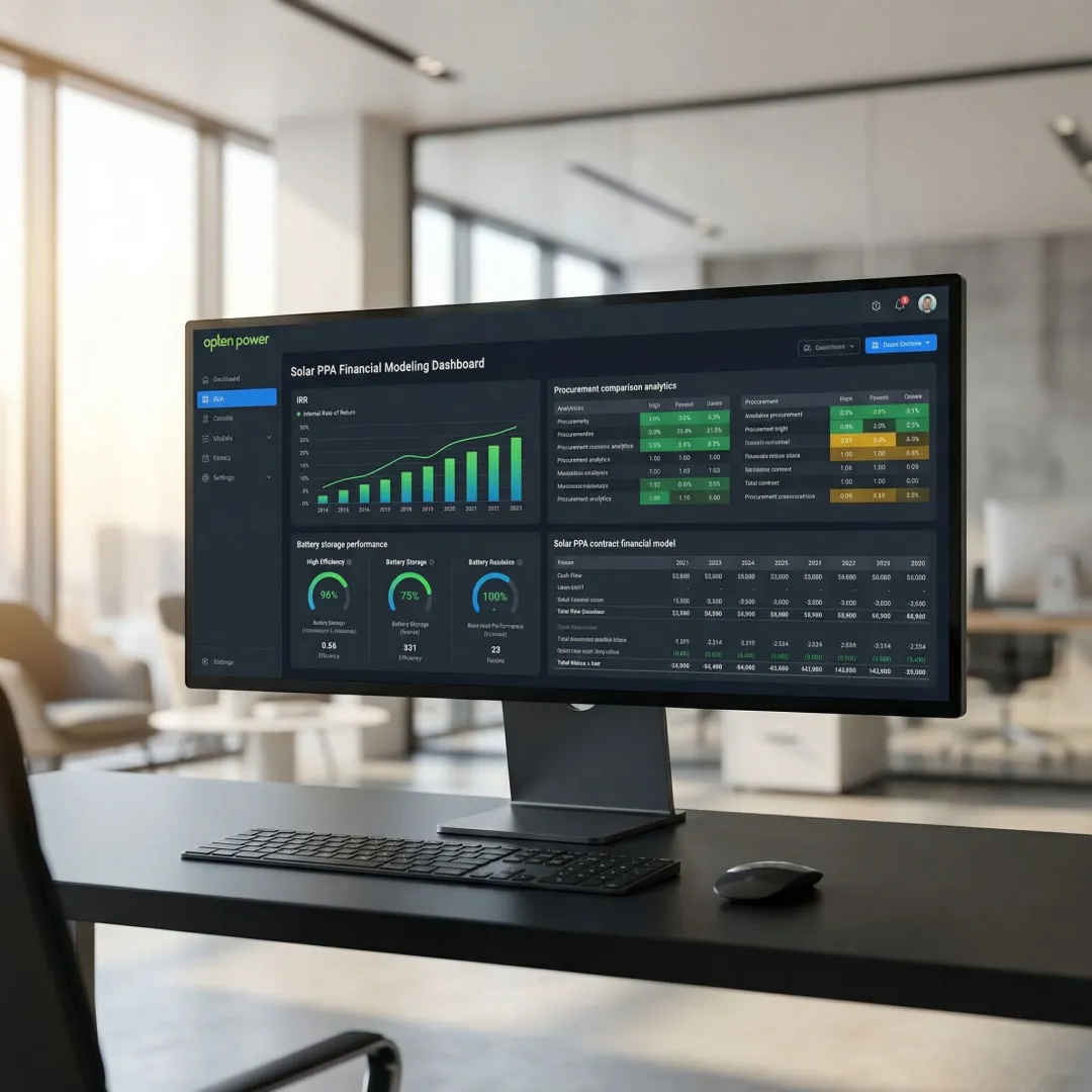Commercial PPA modeling software dashboard showing solar and battery procurement analytics