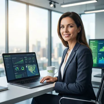 Energy procurement specialist reviewing wind project data on a digital dashboard