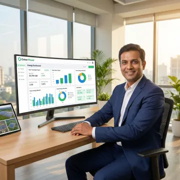 Business professional reviewing renewable energy procurement dashboard on a laptop in an Indian office