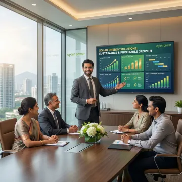 Solar energy consultant presenting project ROI analysis to industrial business client