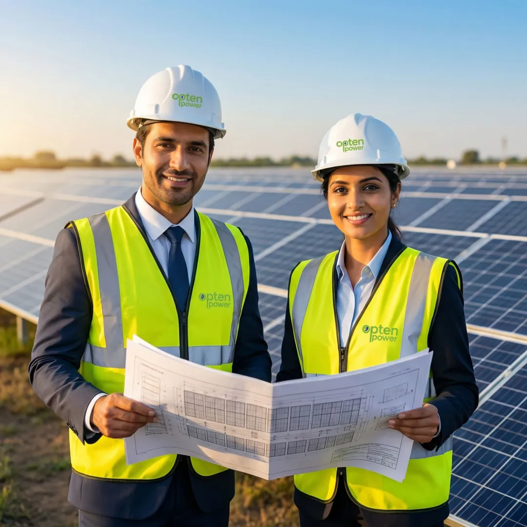 Solar energy project development consultants reviewing large-scale solar farm plans