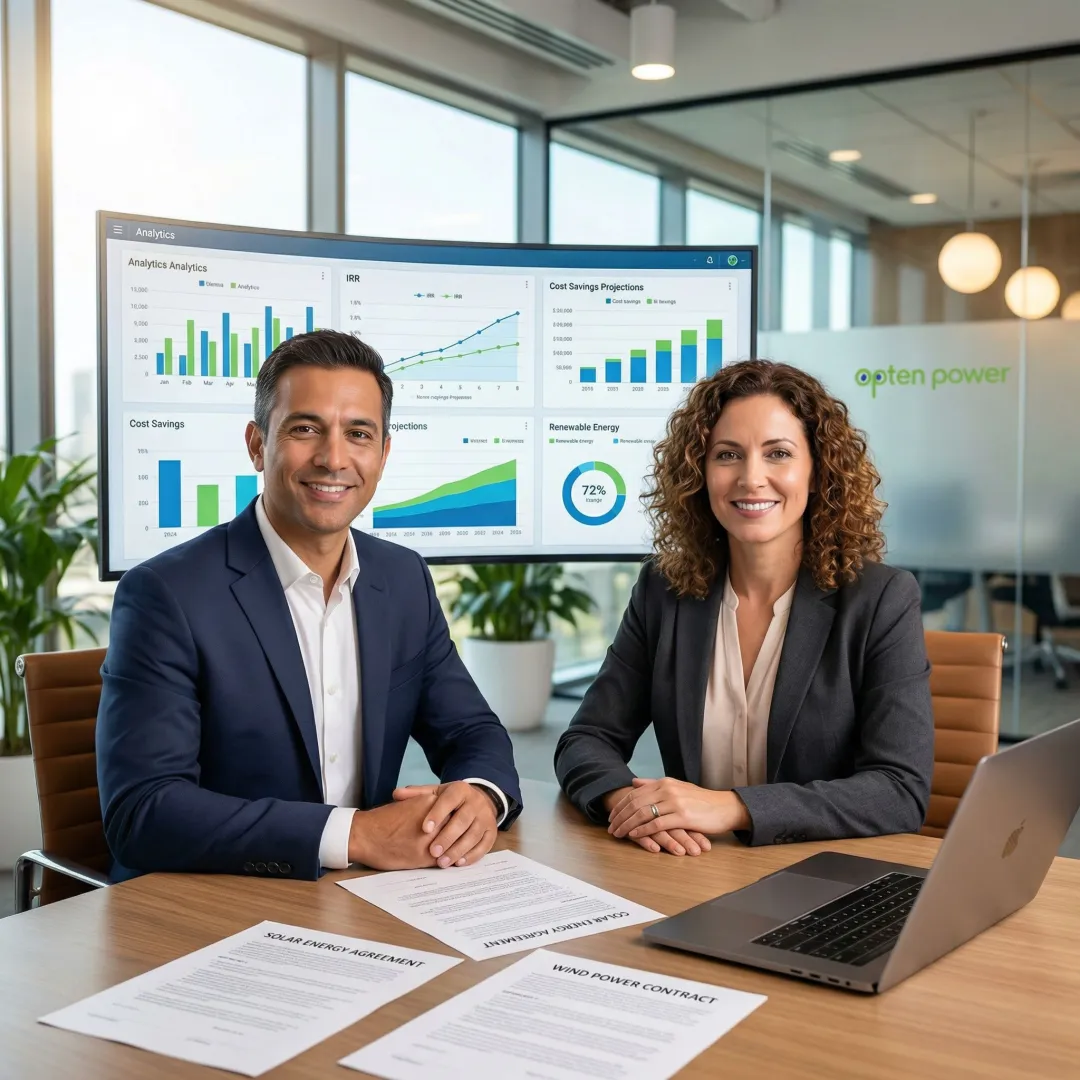 Corporate executives reviewing renewable energy PPA contracts on a digital platform dashboard