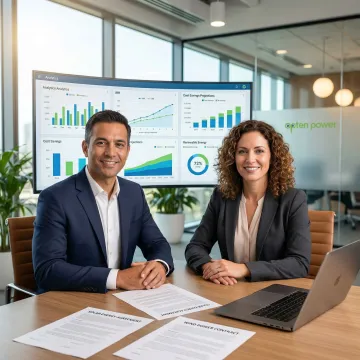 Corporate executives reviewing renewable energy PPA contracts on a digital platform dashboard
