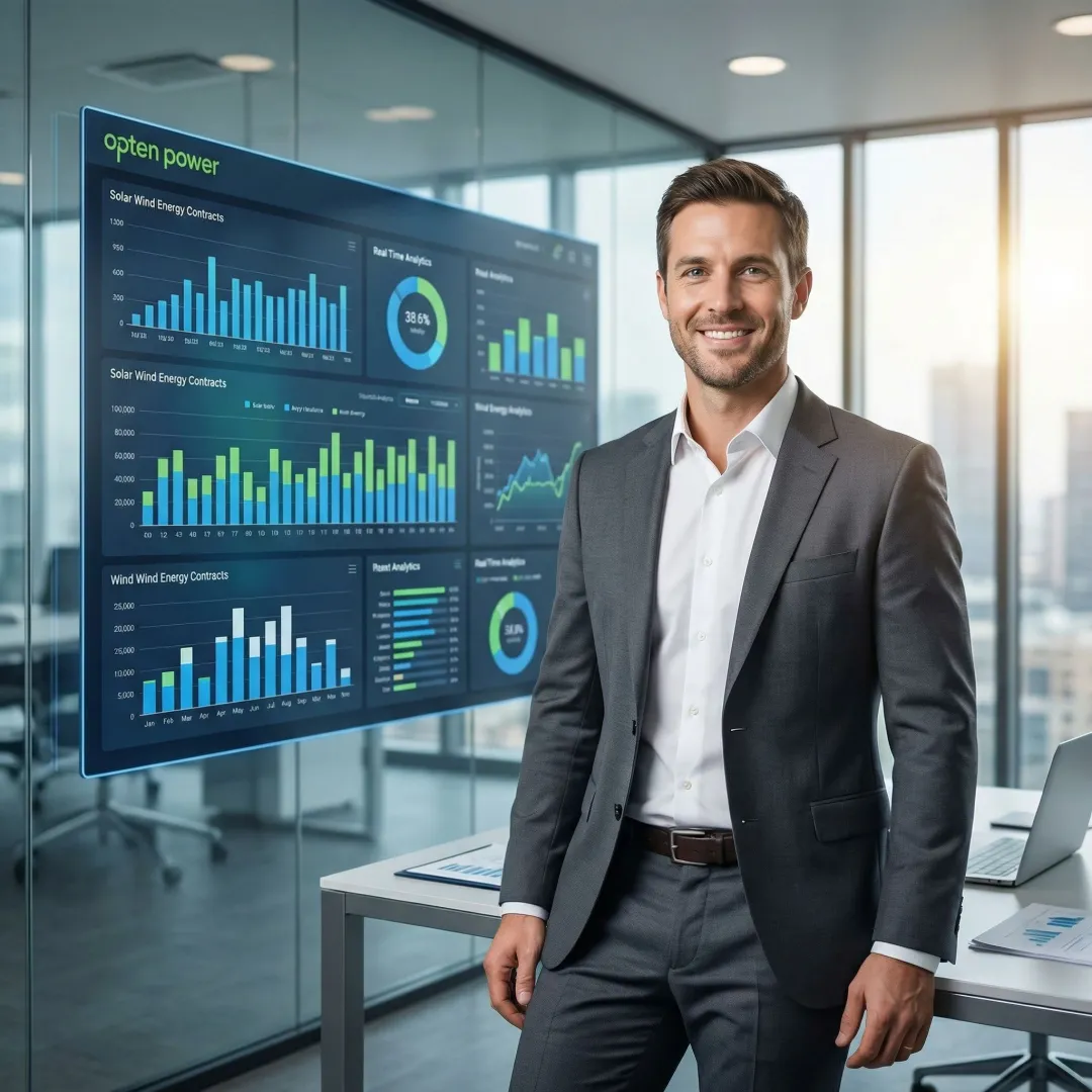 Energy management professional reviewing renewable energy contracts and analytics on a digital dashboard