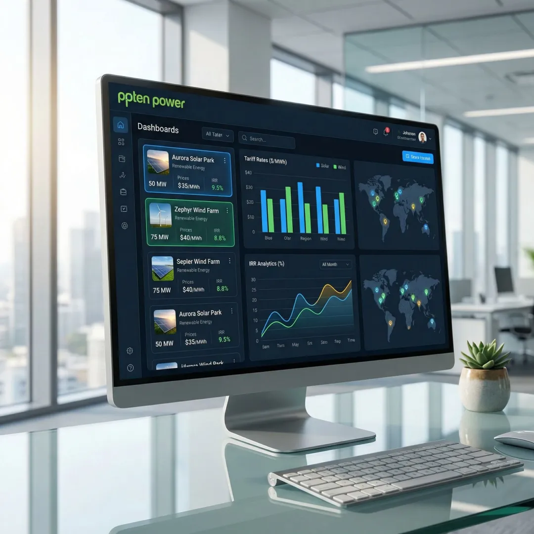 Commercial and industrial renewable energy procurement platform dashboard with solar and wind projects