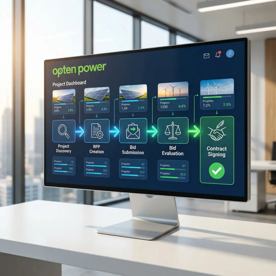 Step-by-step renewable energy procurement workflow shown on a digital platform interface with RFP automation tools