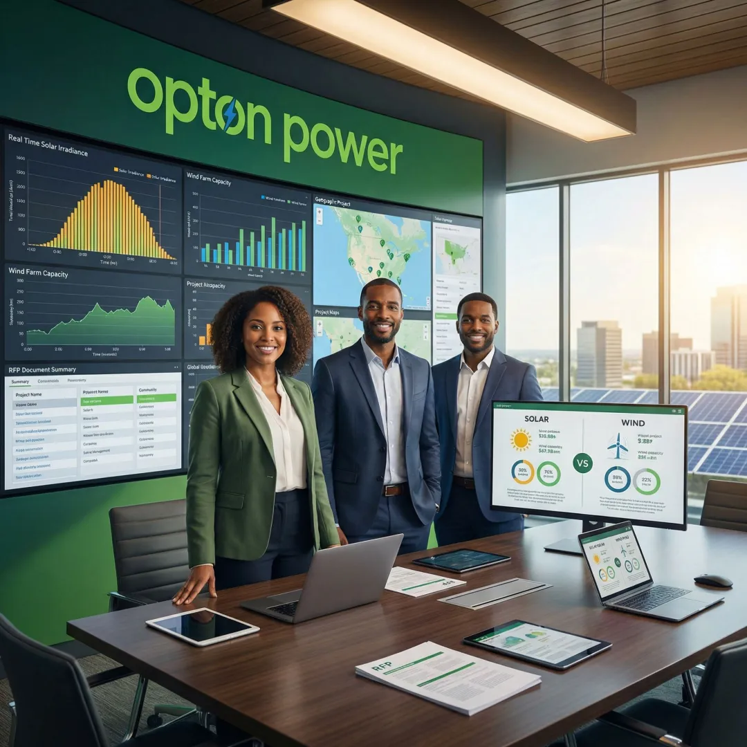 Commercial energy procurement professionals reviewing renewable power RFP proposals on a digital platform dashboard