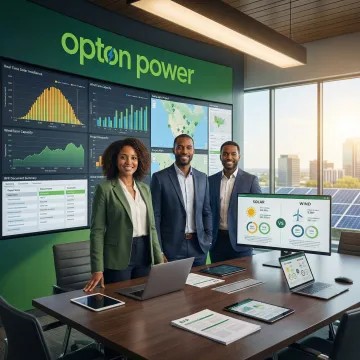 Commercial energy procurement professionals reviewing renewable power RFP proposals on a digital platform dashboard