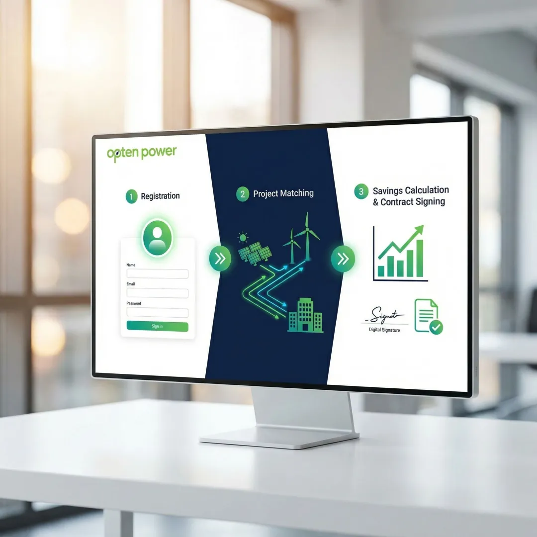 Step-by-step renewable energy procurement process showing project registration, discovery, and deal closure on a digital platform