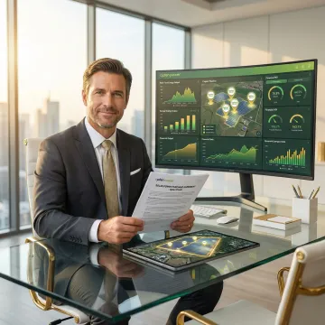 Business professional reviewing solar PPA documents on a digital platform dashboard
