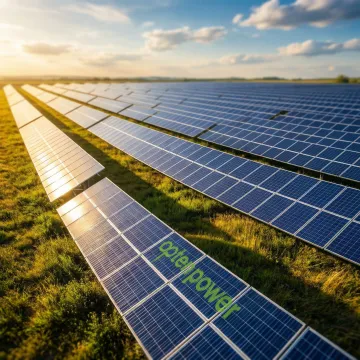 Solar farm with rows of photovoltaic panels under a clear sky representing a power purchase agreement