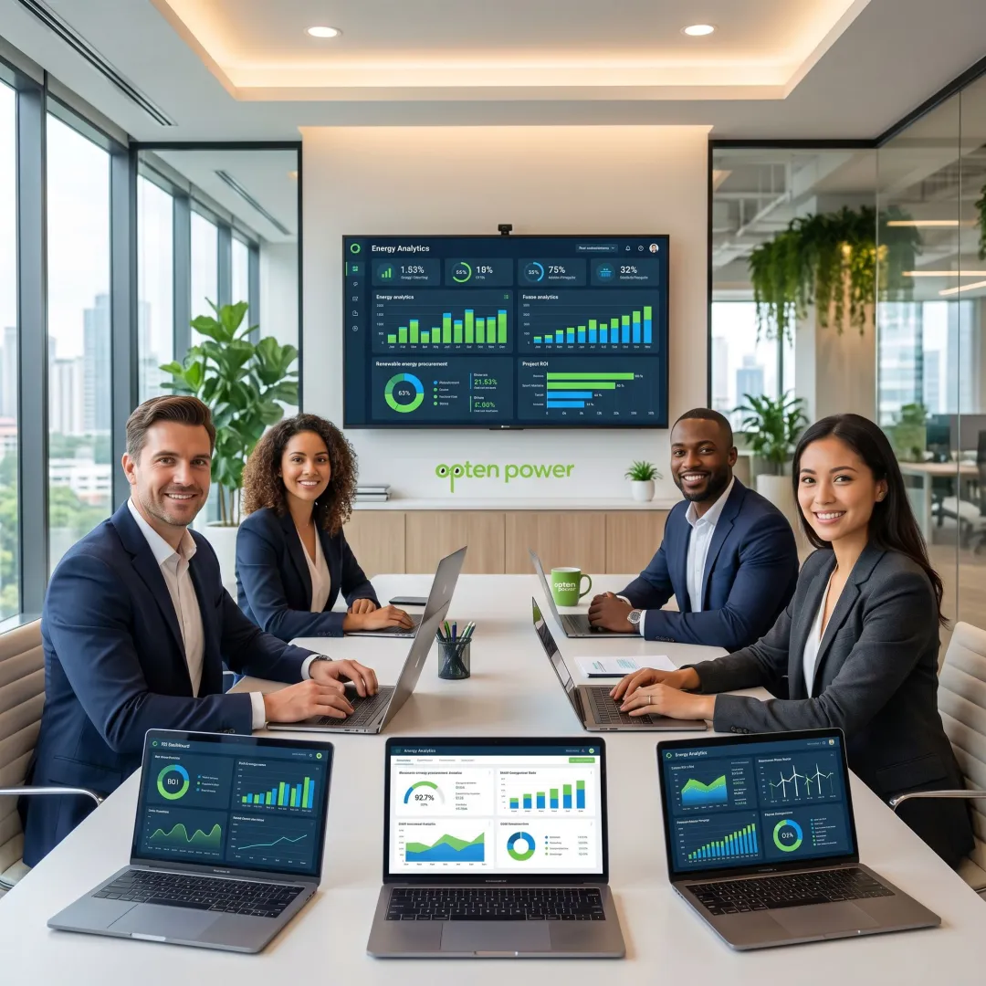 Business team reviewing renewable energy analytics