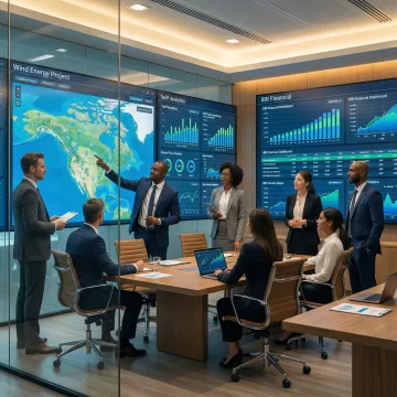 Business professionals reviewing wind energy project data and analytics on a digital platform