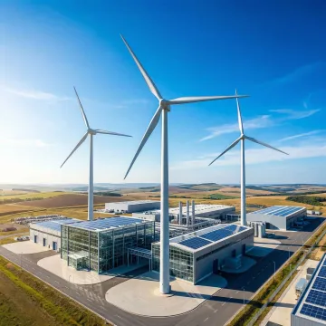 Commercial wind turbines powering a business facility with clear skies