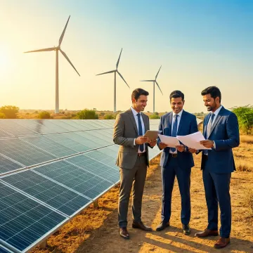 Renewable energy project financing — solar and wind assets with financial professionals reviewing investment plans