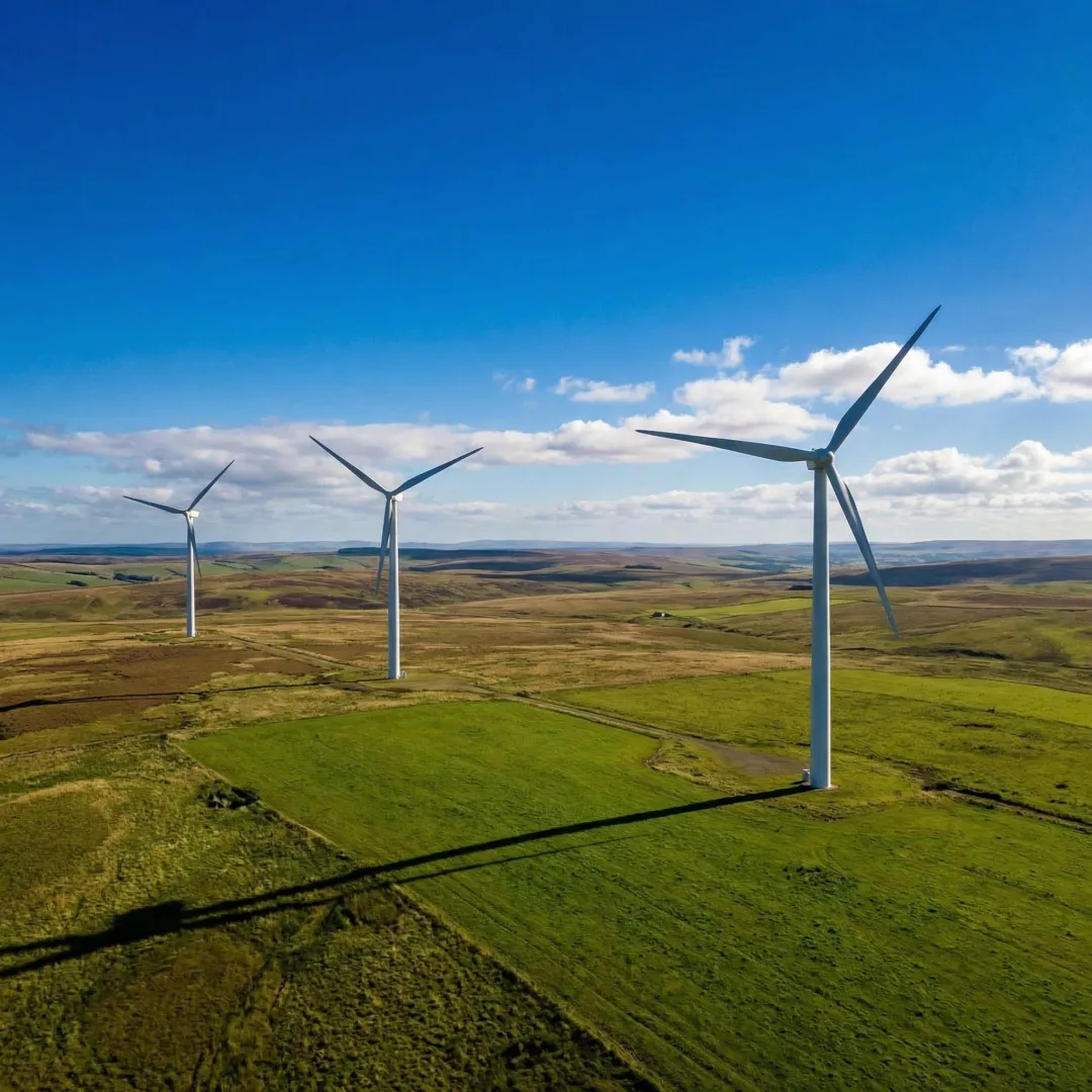 Onshore wind turbines generating clean energy across an open landscape in India