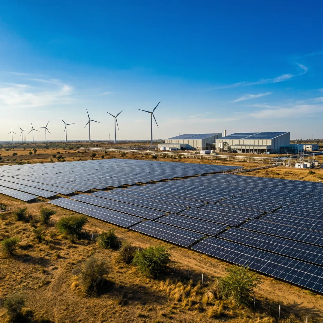 Solar and wind renewable energy assets powering industrial facilities under a clear sky in India